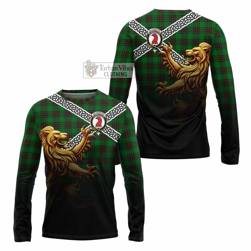 Halkerston Crest Tartan Long Sleeve T-Shirt with Golden Lion Emblem Celtic Style - Tartan Vibes Clothing