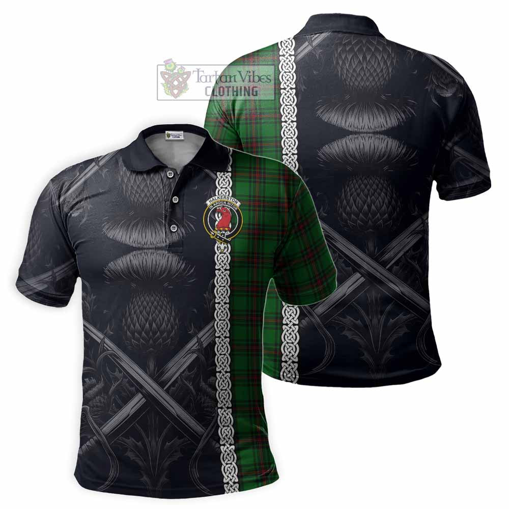 Halkerston Tartan Polo Shirt with Family Crest Cross Sword Thistle Celtic Vibes - Tartan Vibes Clothing