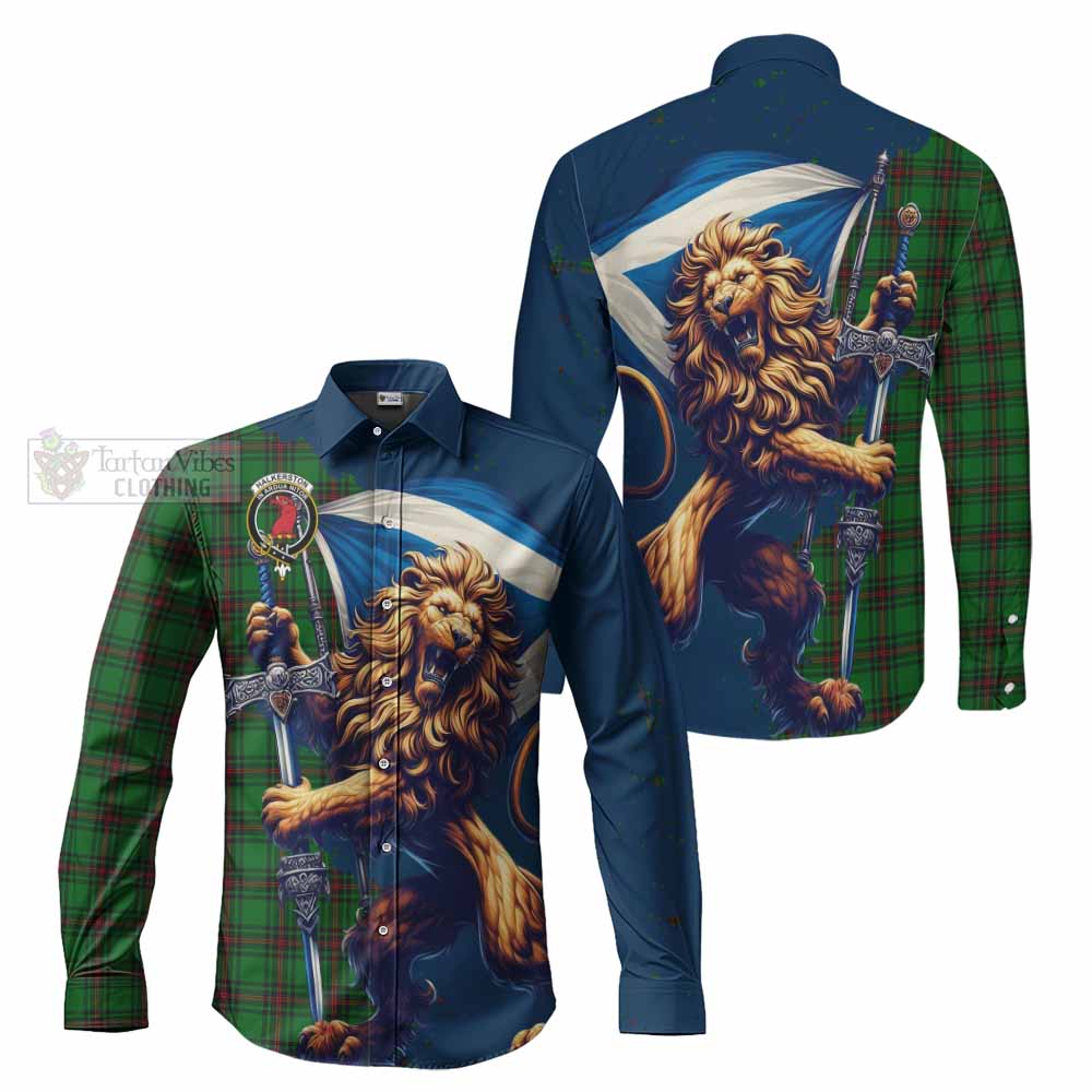 Halkerston Tartan Family Crest Long Sleeve Button Shirt with Scottish Majestic Lion - Tartan Vibes Clothing