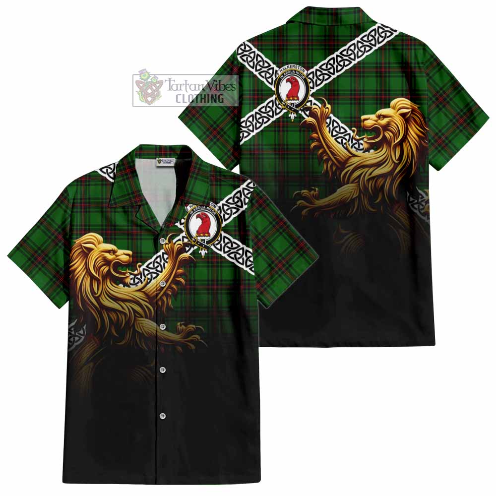 Halkerston Crest Tartan Hawaiian Shirt with Golden Lion Emblem Celtic Style - Tartan Vibes Clothing