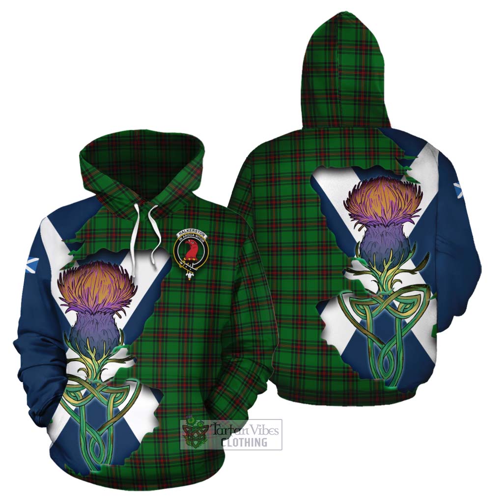 Halkerston Tartan Family Crest Cotton Hoodie Scottish Thistle Celtic Inspired - Tartan Vibes Clothing