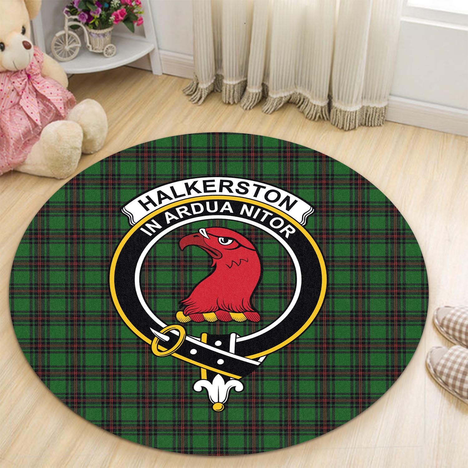 Halkerston Tartan Round Rug with Family Crest - Tartan Vibes Clothing