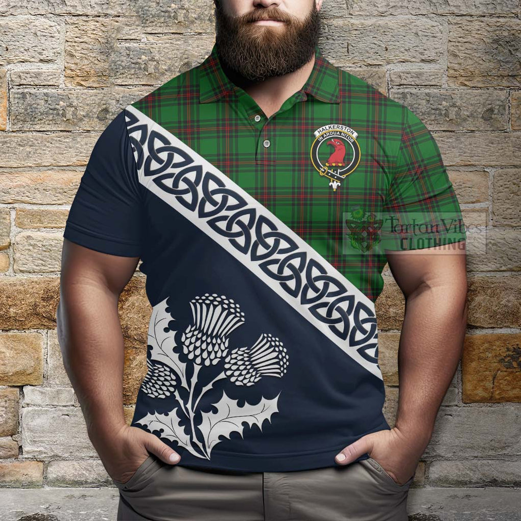 Halkerston Tartan Polo Shirt Featuring Thistle and Scotland Map - Tartanvibesclothing Store
