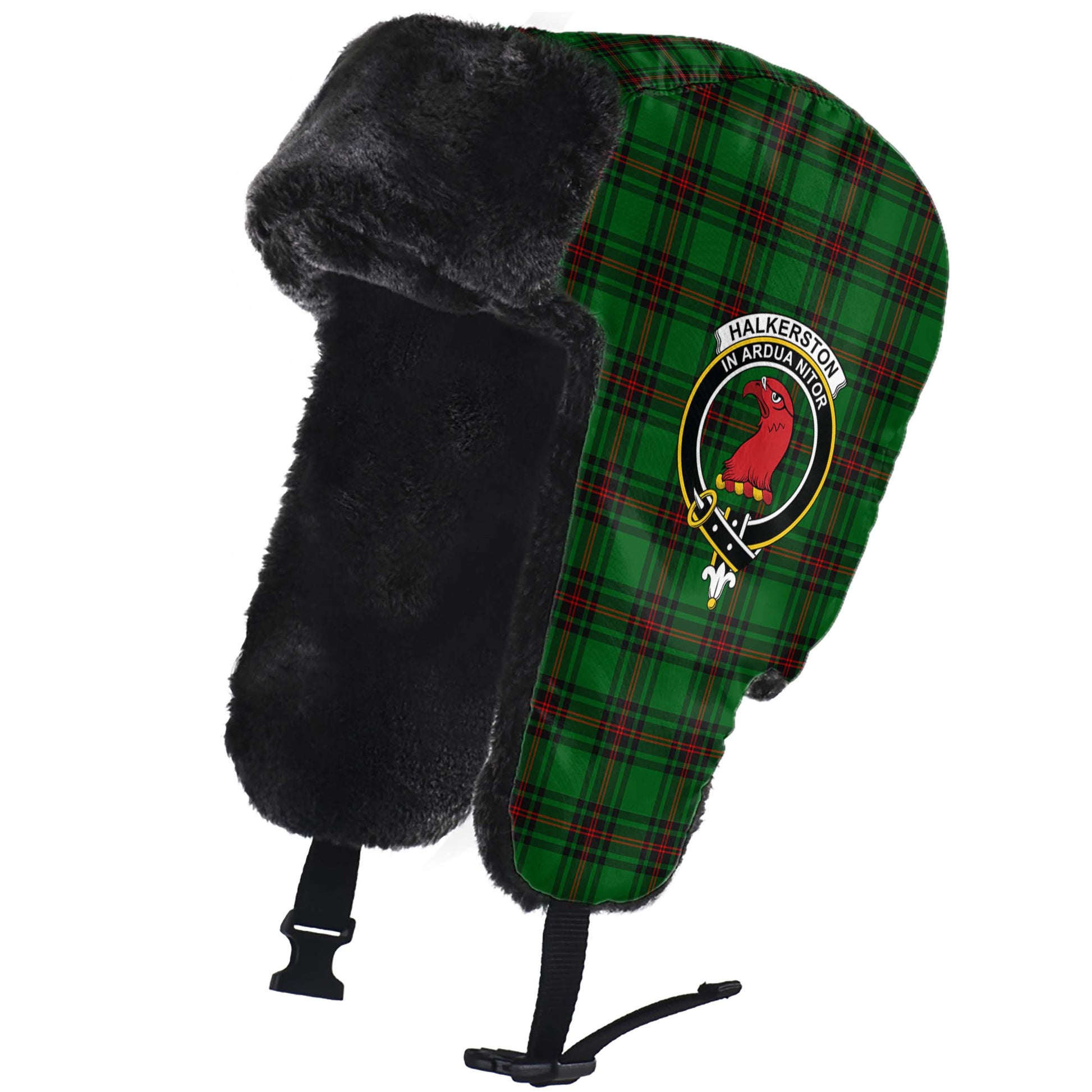 Halkerston Tartan Winter Trapper Hat with Family Crest - Tartan Vibes Clothing