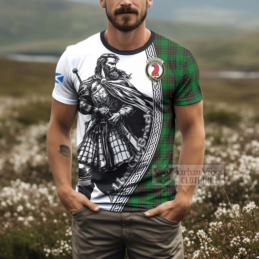Halkerston Tartan Clan Crest T-Shirt with Highlander Warrior Celtic Style - Tartan Vibes Clothing
