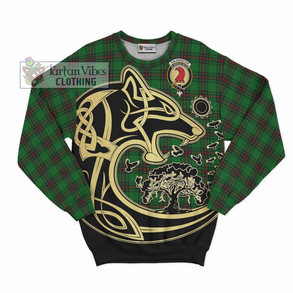 Halkerston Tartan Sweatshirt with Family Crest Celtic Wolf Style - Tartan Vibes Clothing