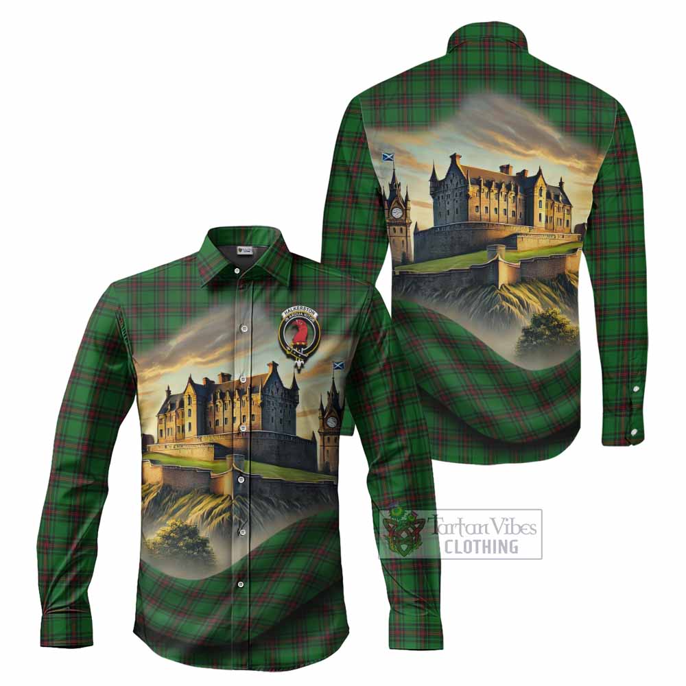 Tartan Vibes Clothing Halkerston Tartan Family Crest Long Sleeve Button Shirt with Scottish Ancient Castle Style