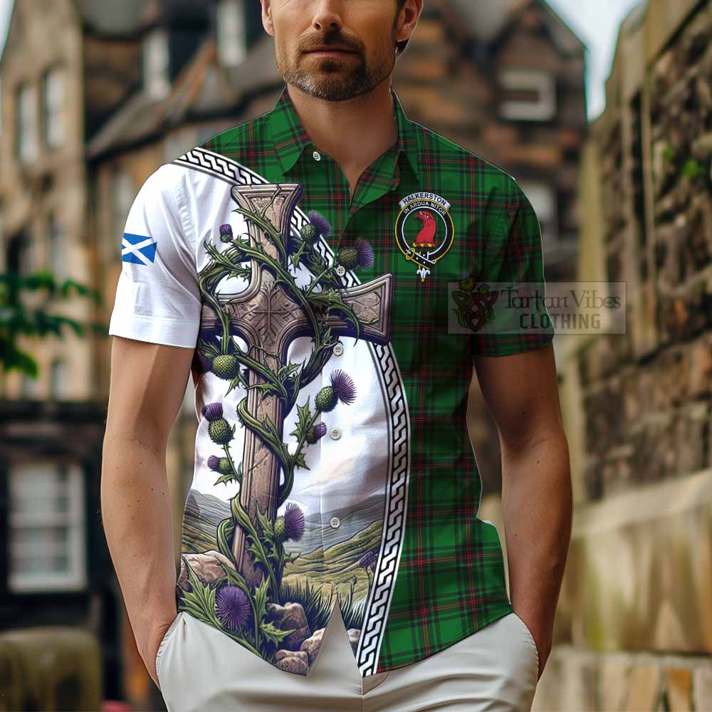 Halkerston Tartan Hawaiian Shirt with Family Crest and St. Andrew's Cross Accented by Thistle Vines - Tartan Vibes Clothing