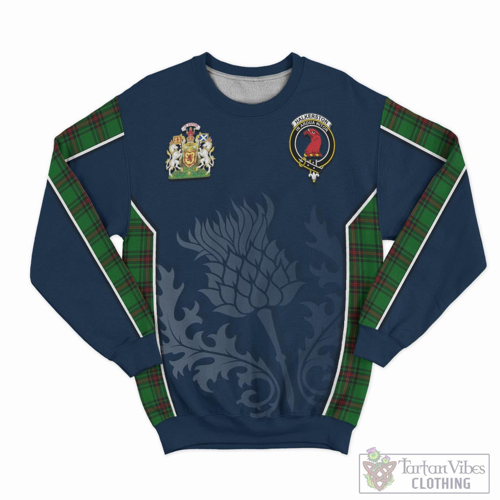 Halkerston Tartan Sweatshirt with Family Crest and Scottish Thistle Vibes Sport Style - Tartan Vibes Clothing