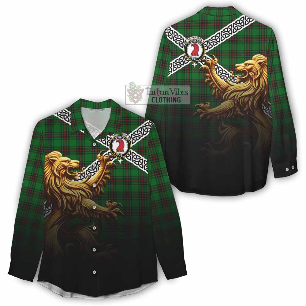 Halkerston Crest Tartan Women's Casual Shirt with Golden Lion Emblem Celtic Style - Tartan Vibes Clothing