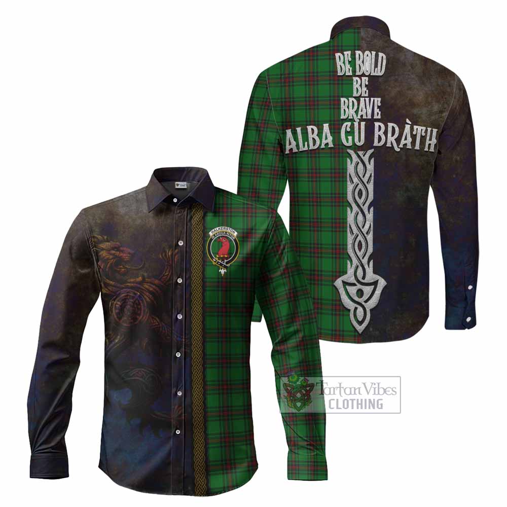 Halkerston Tartan Family Crest Long Sleeve Button Shirt Alba Gu Brath Be Brave Lion Ancient Style - Tartan Vibes Clothing