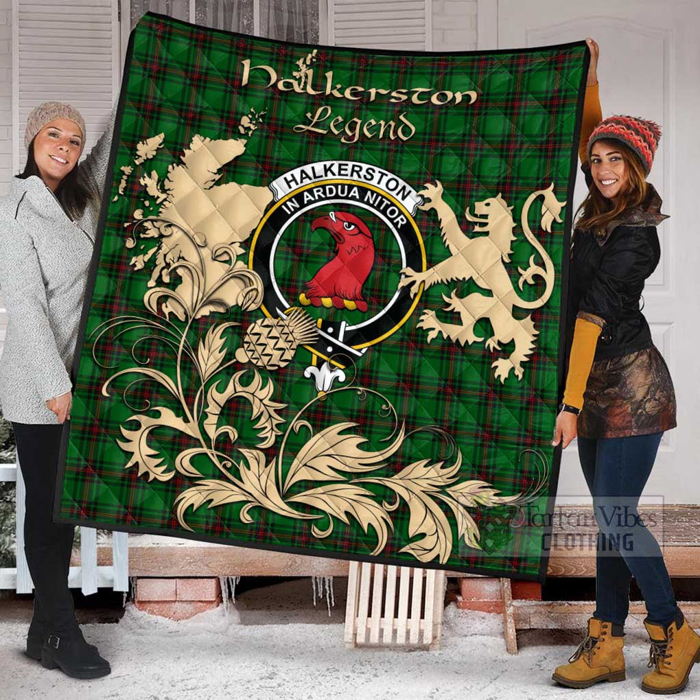 Tartan Vibes Clothing Halkerston Tartan Quilt with Family Crest and Scottish Symbol Style