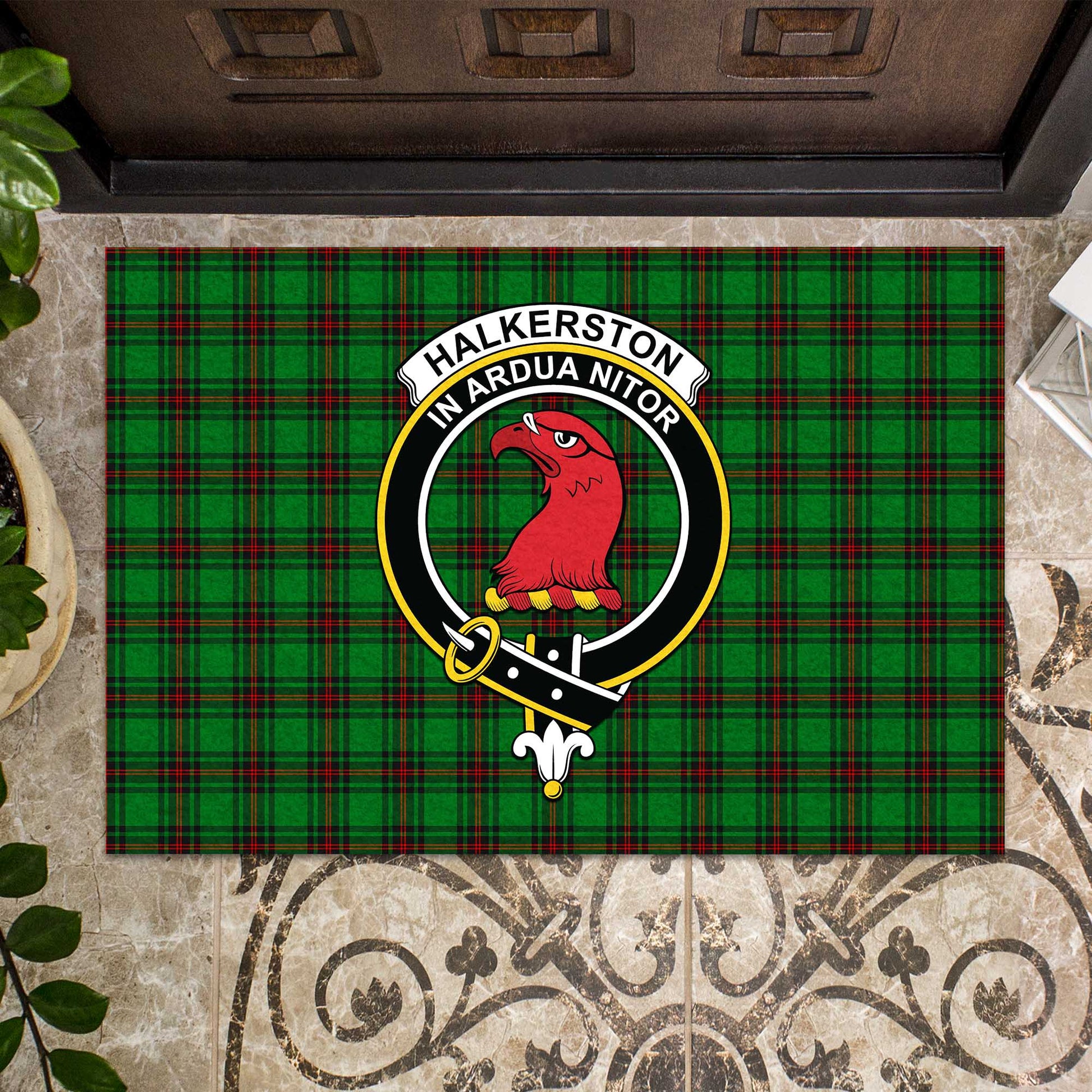 Halkerston Tartan Rubber Doormat with Family Crest - Tartan Vibes Clothing
