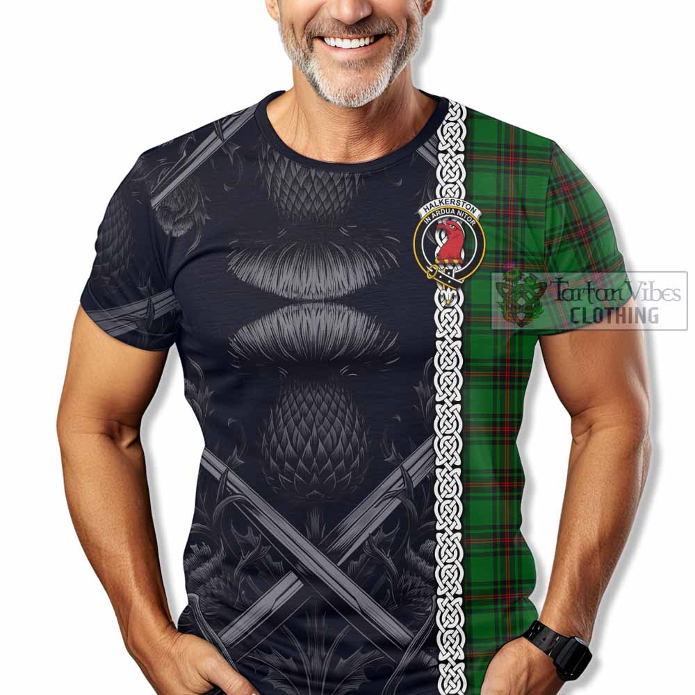 Halkerston Tartan T-Shirt with Family Crest Cross Sword Thistle Celtic Vibes - Tartan Vibes Clothing
