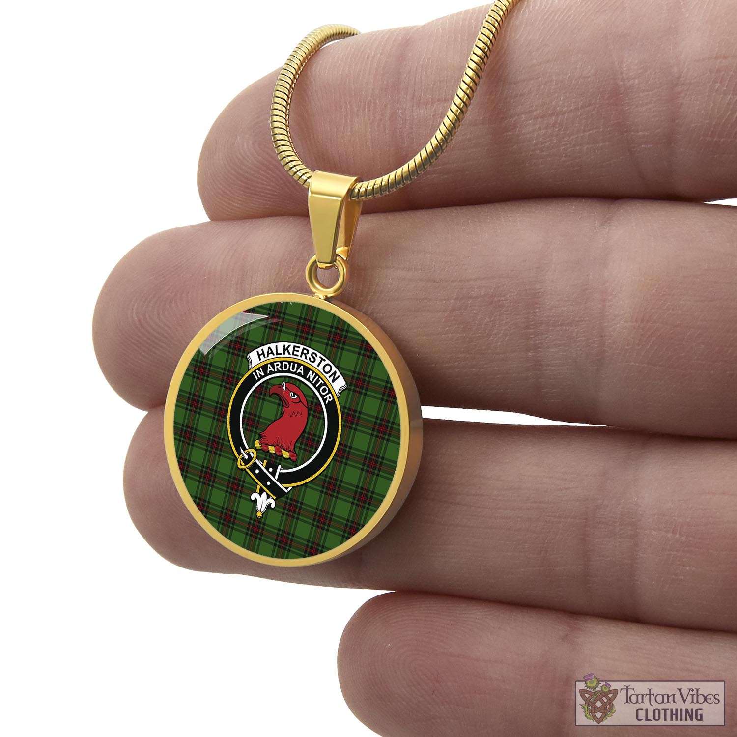Tartan Vibes Clothing Halkerston Tartan Circle Necklace with Family Crest