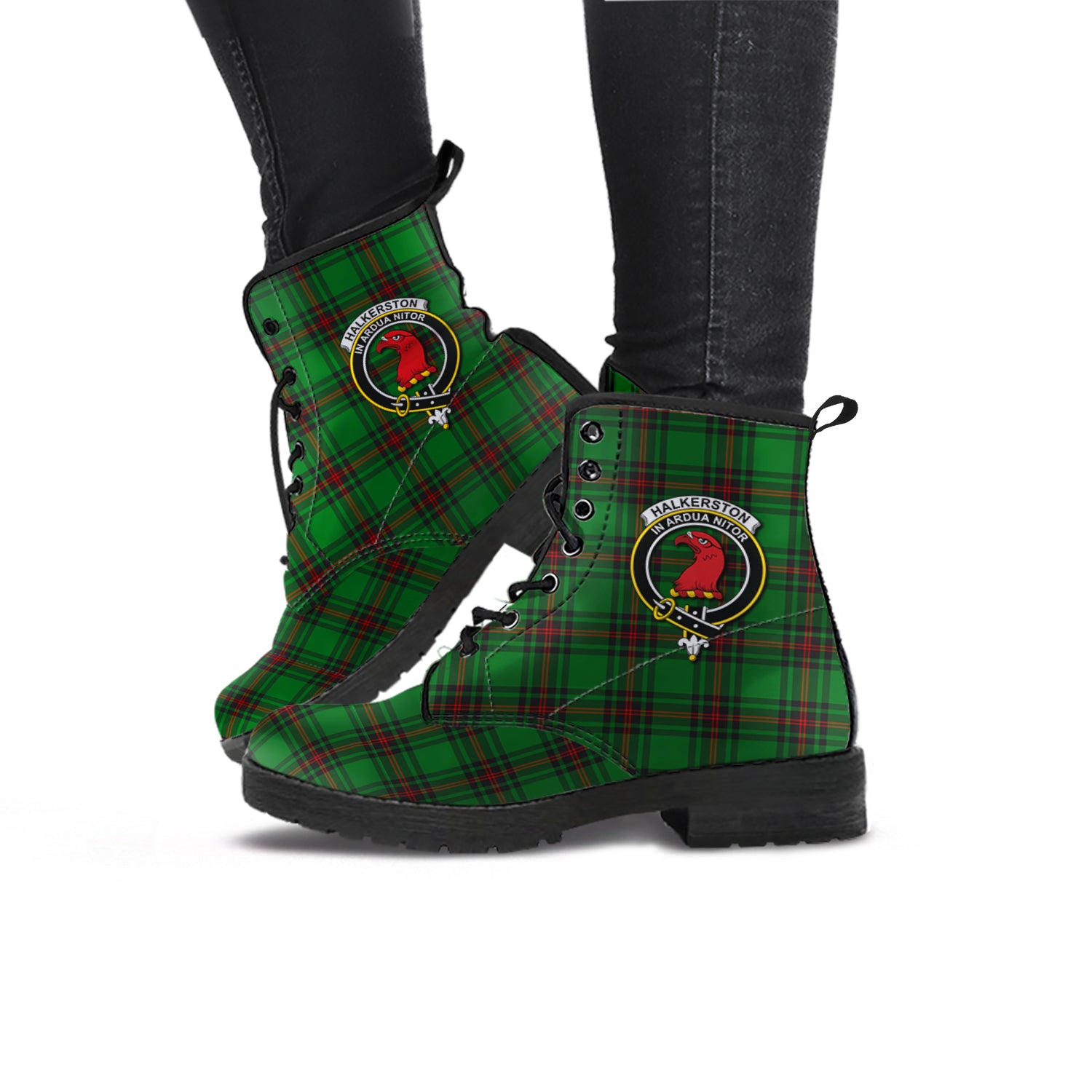Halkerston Tartan Leather Boots with Family Crest - Tartan Vibes Clothing