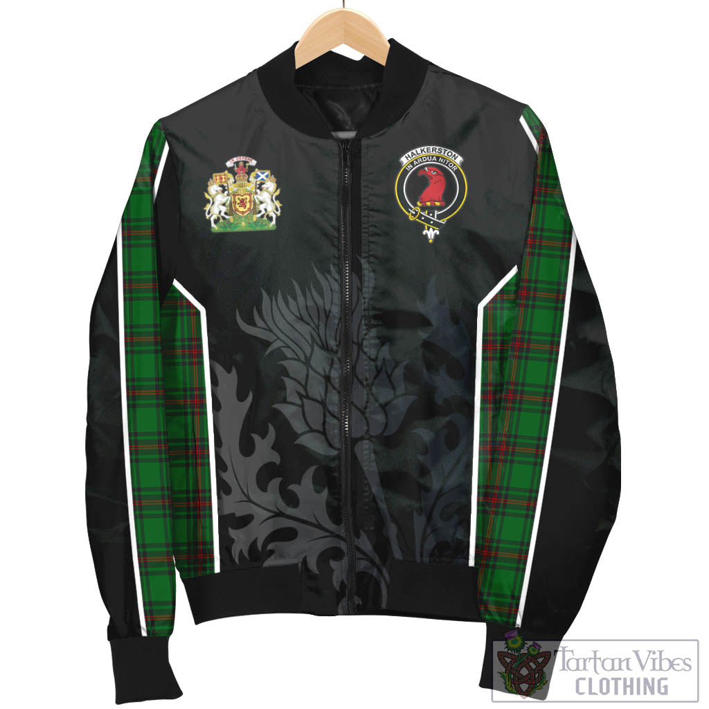 Halkerston Tartan Bomber Jacket with Family Crest and Scottish Thistle Vibes Sport Style - Tartan Vibes Clothing