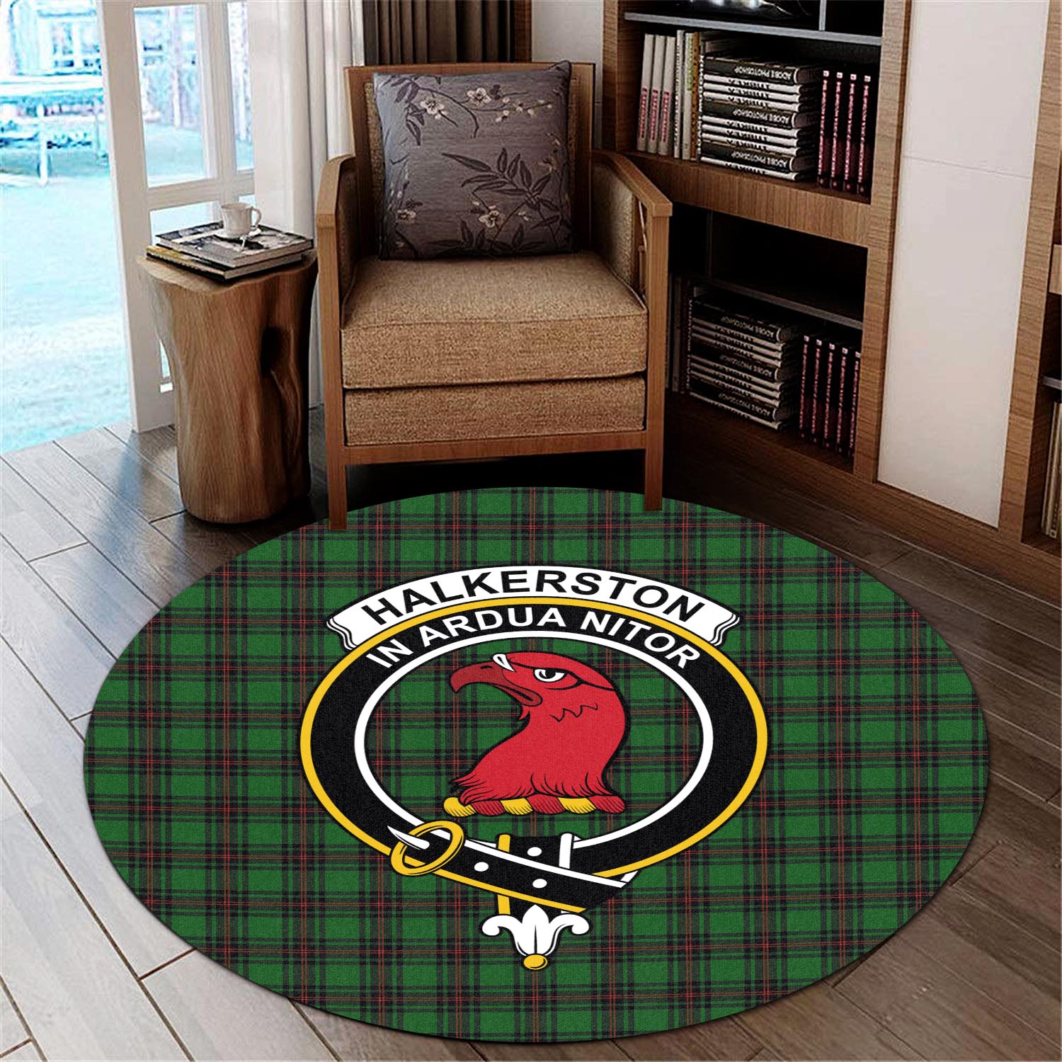 Halkerston Tartan Round Rug with Family Crest - Tartan Vibes Clothing