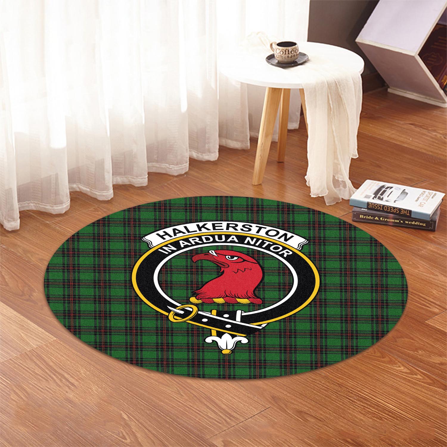 Halkerston Tartan Round Rug with Family Crest - Tartan Vibes Clothing