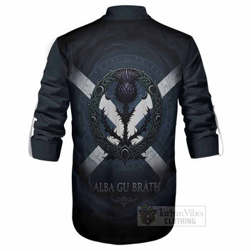 Halkerston Clan Crest Ghillie Shirt with Celtic Knot Thistle and Saltire