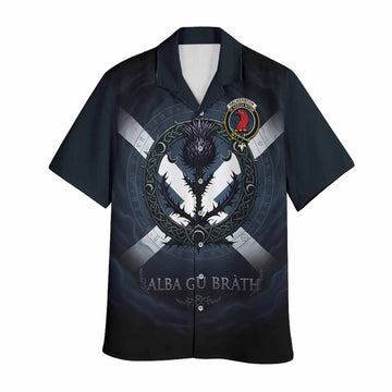 Halkerston Clan Crest Hawaiian Shirt with Celtic Knot Thistle and Saltire