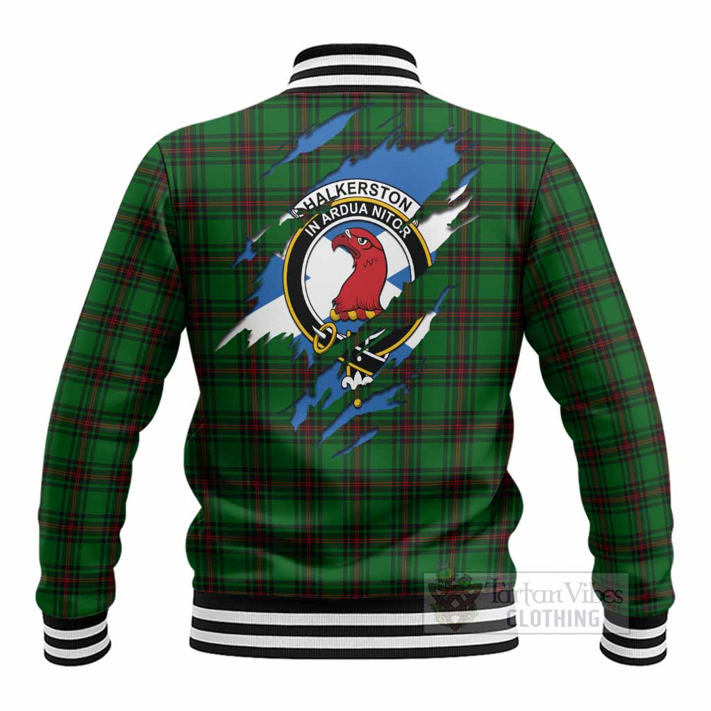Halkerston Clan Crest In Me Tartan Baseball Jacket Scotland Flag Style