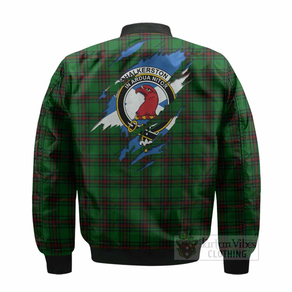 Halkerston Clan Crest In Me Tartan Bomber Jacket Scotland Flag Style