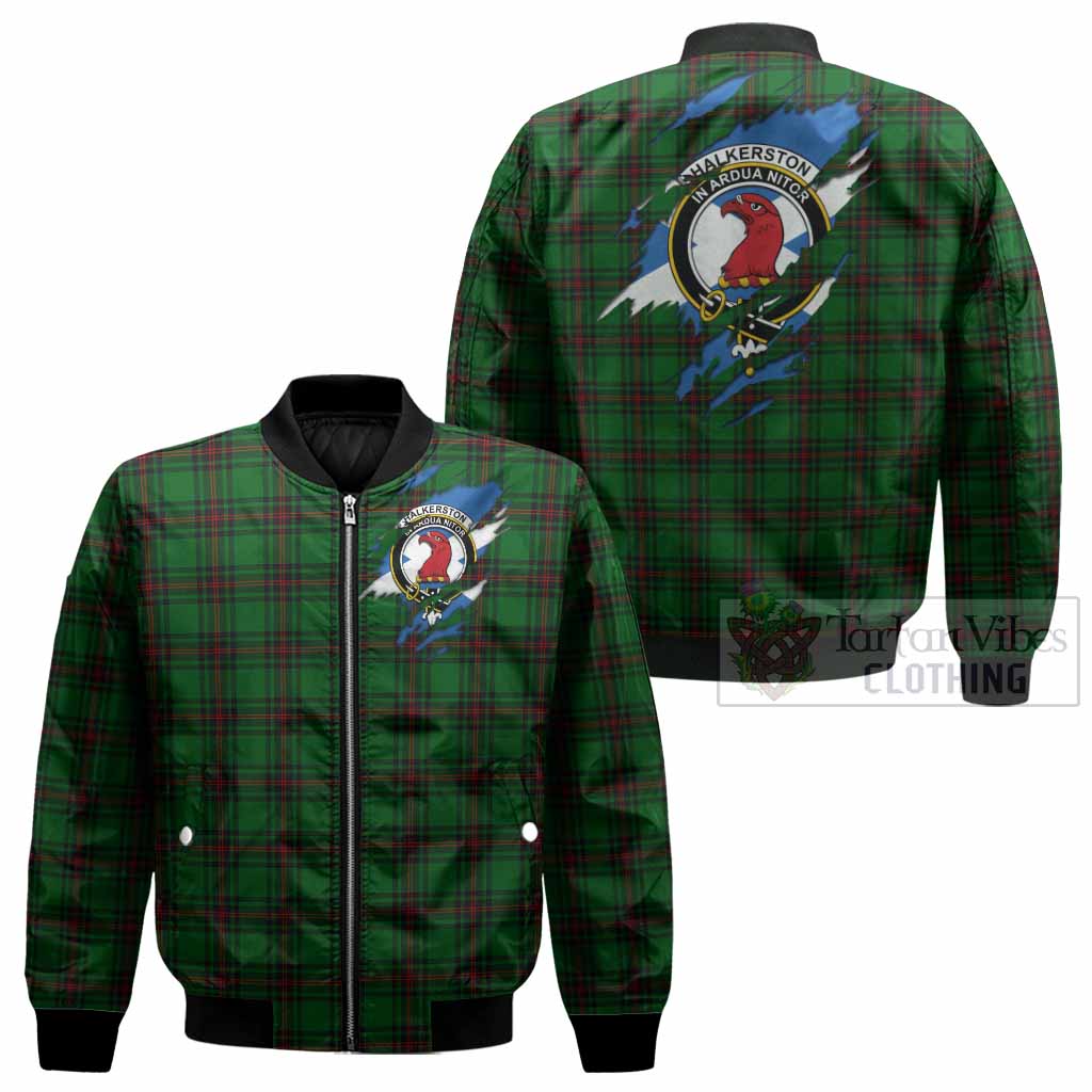 Halkerston Clan Crest In Me Tartan Bomber Jacket Scotland Flag Style