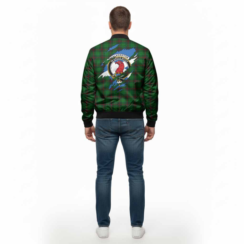 Halkerston Clan Crest In Me Tartan Bomber Jacket Scotland Flag Style