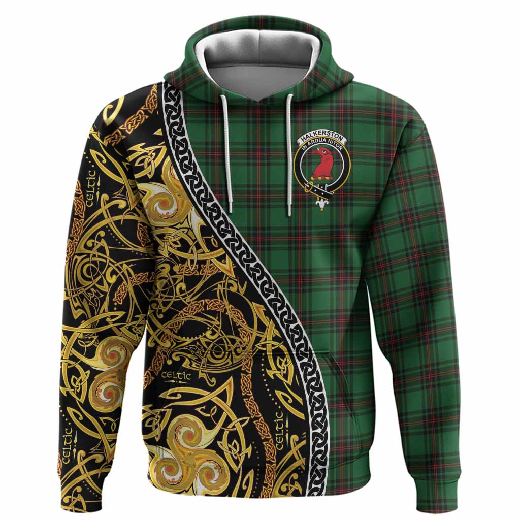Halkerston Tartan Crest Hoodie Celtic Knot and Triple Trickle Spiral Symbols