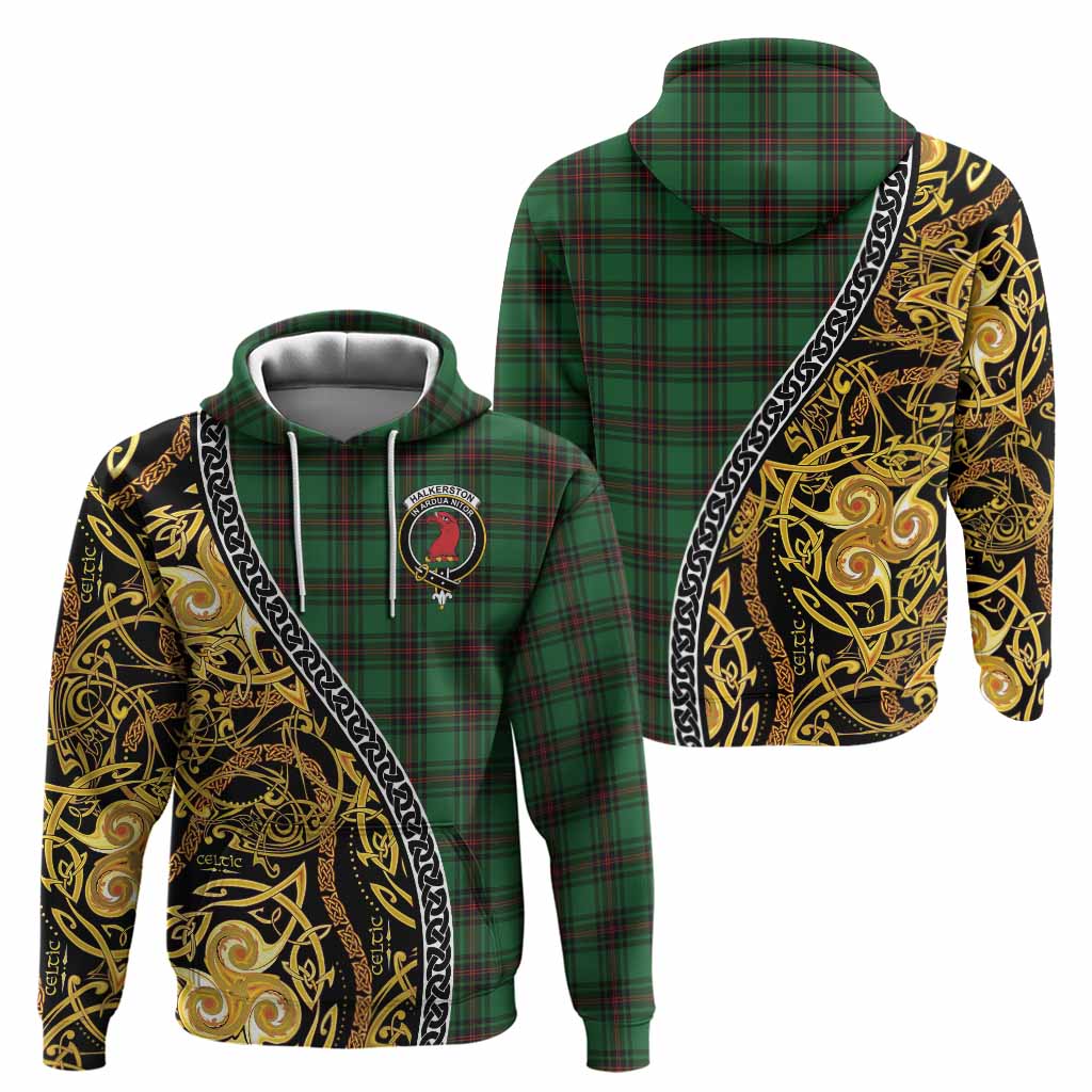 Halkerston Tartan Crest Hoodie Celtic Knot and Triple Trickle Spiral Symbols