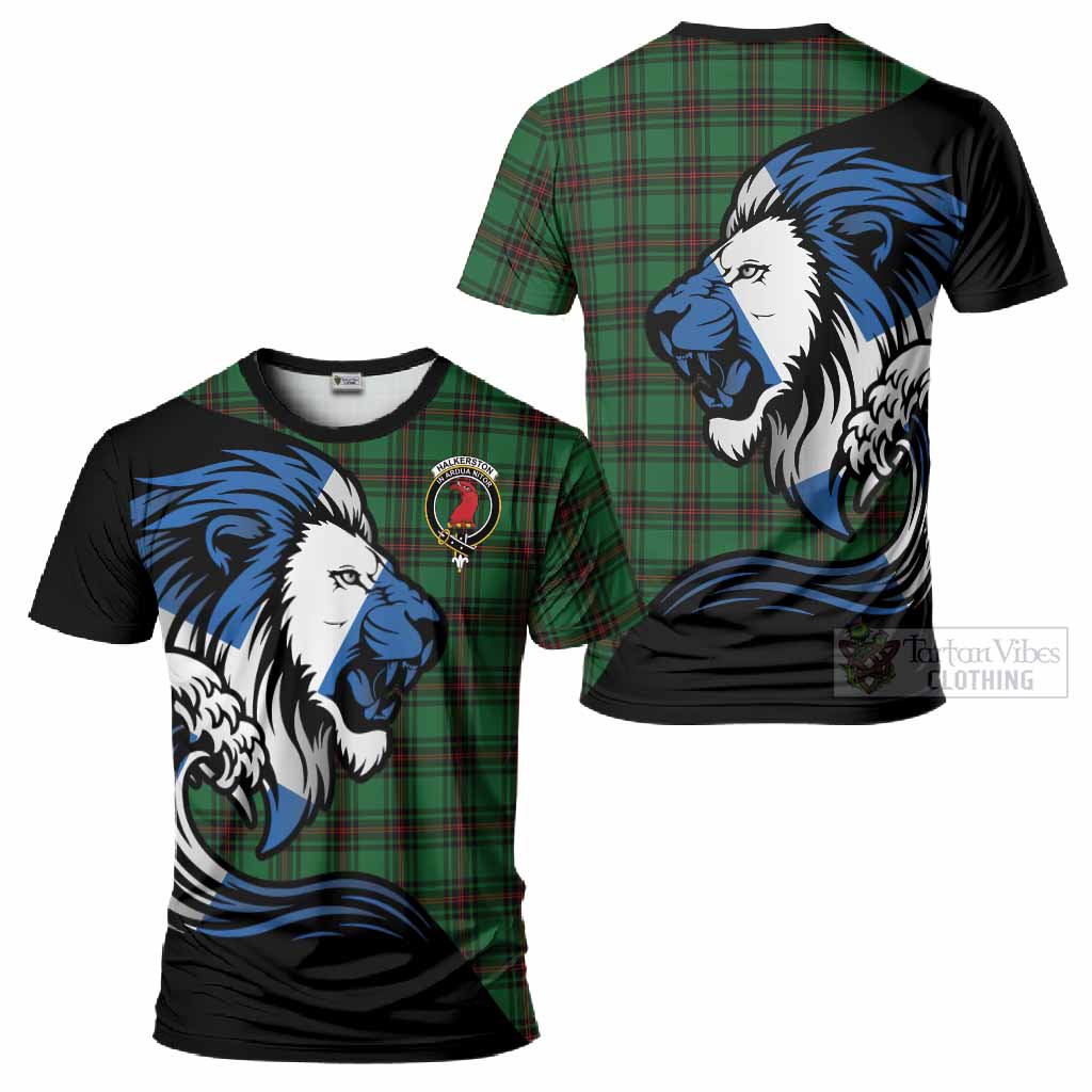 Halkerston Tartan Crest T-Shirt Scottish Golden Lions Wave Flow