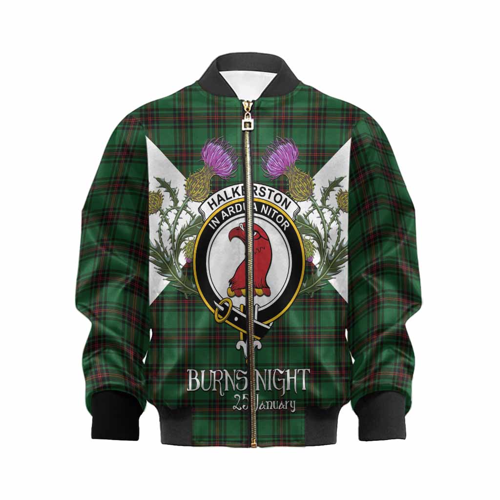 Halkerston Tartan Family Crest Kid Bomber Jacket Scottish Burns Night Thistle Floral