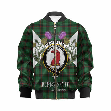 Halkerston Tartan Family Crest Kid Bomber Jacket Scottish Burns Night Thistle Floral