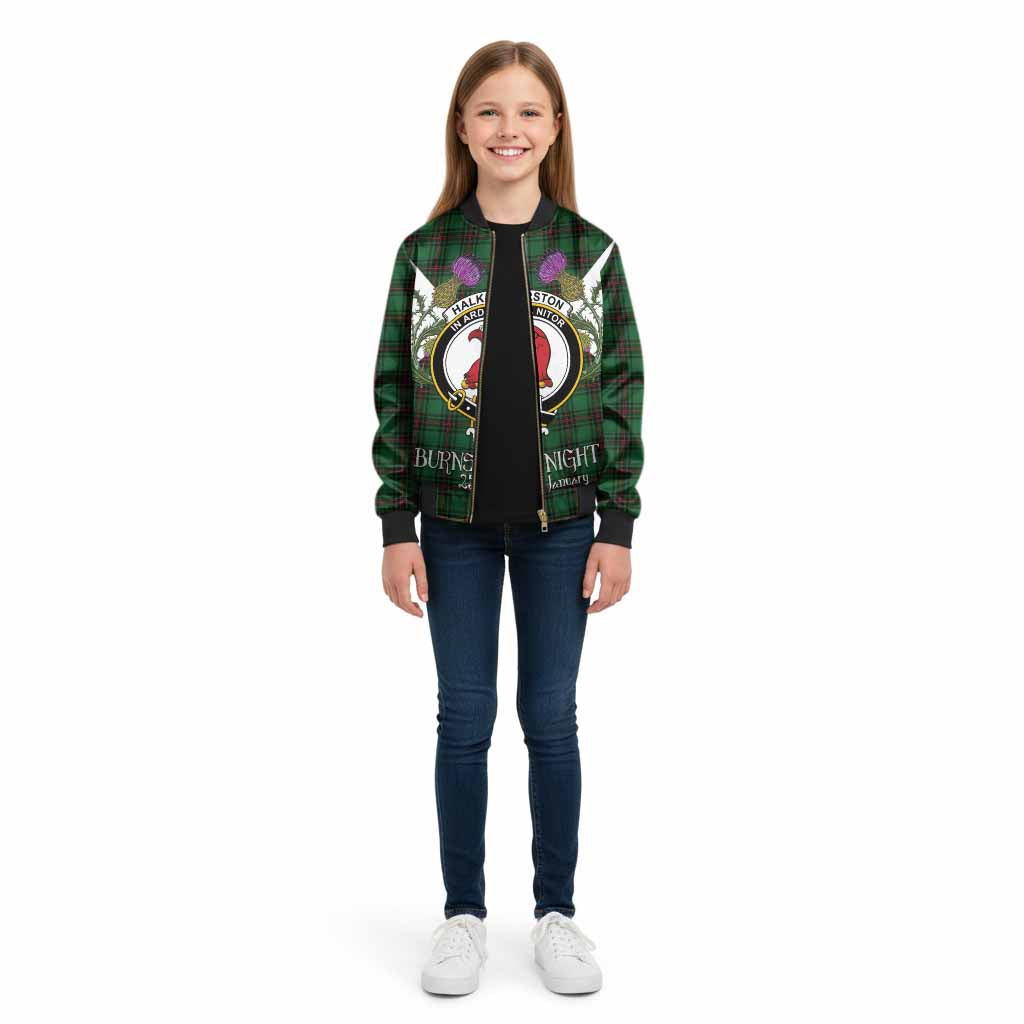 Halkerston Tartan Family Crest Kid Bomber Jacket Scottish Burns Night Thistle Floral
