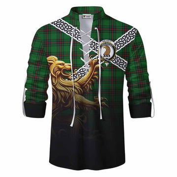 Halkett Crest Tartan Ghillie Kilt Shirt with Golden Lion Emblem Celtic Style Men - Tartan Vibes Clothing