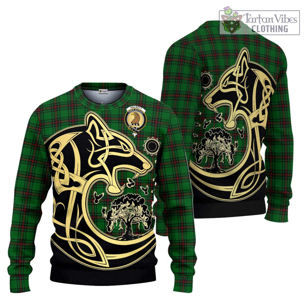 Halkett Tartan Ugly Sweater with Family Crest Celtic Wolf Style Unisex - Tartan Vibes Clothing