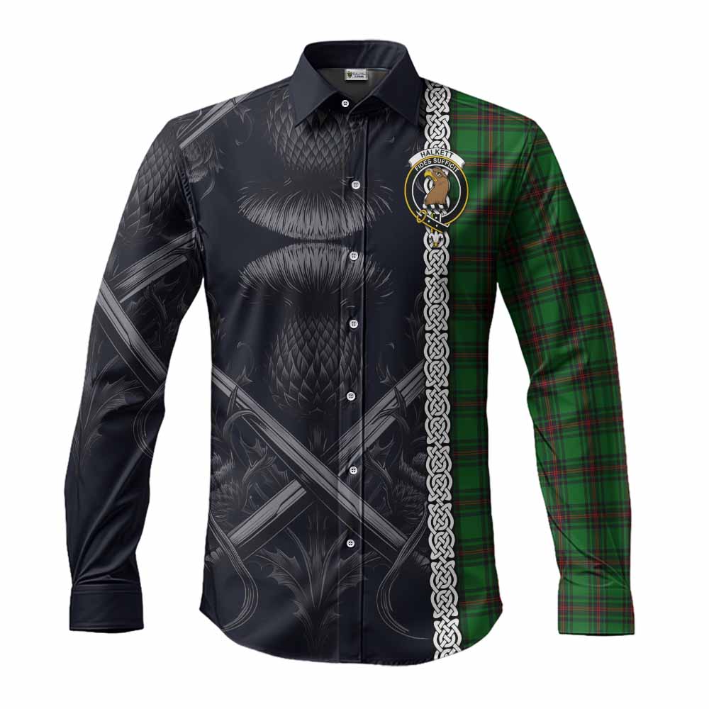 Tartan Vibes Clothing Halkett Tartan Long Sleeve Button Shirt with Family Crest Cross Sword Thistle Celtic Vibes