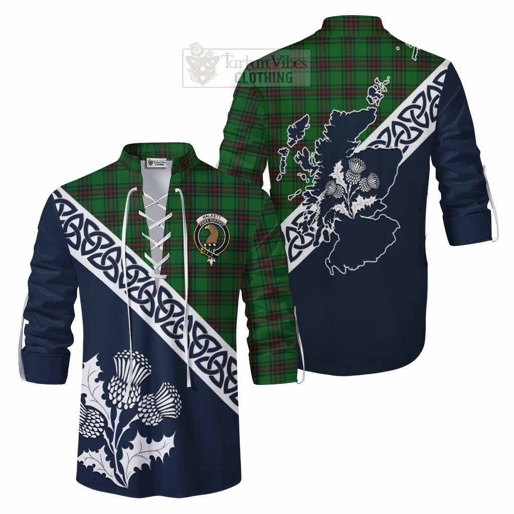 Halkett Tartan Ghillie Kilt Shirt Featuring Thistle and Scotland Map Men - Tartan Vibes Clothing