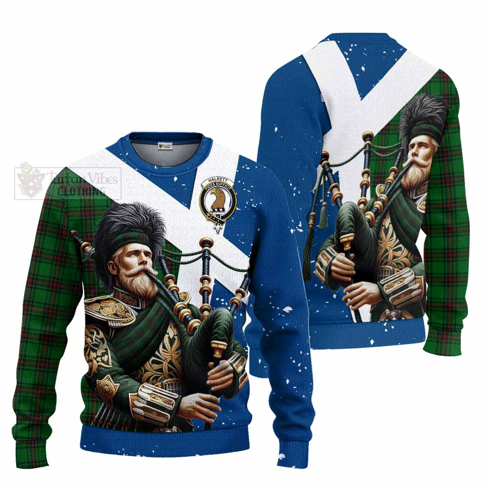 Halkett Tartan Knitted Sweater with Family Crest Scottish Bagpiper Vibes Unisex - Tartan Vibes Clothing