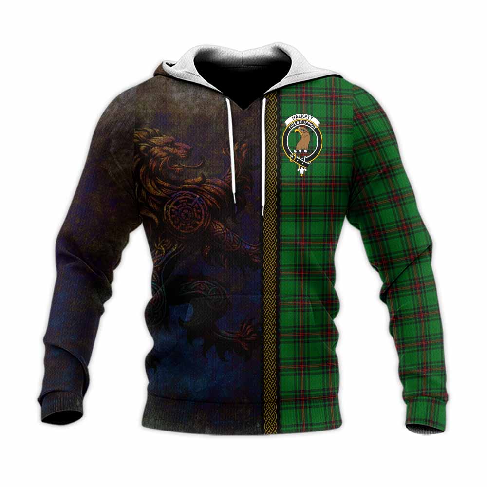 Tartan Vibes Clothing Halkett Tartan Family Crest Knitted Hoodie Alba Gu Brath Be Brave Lion Ancient Style