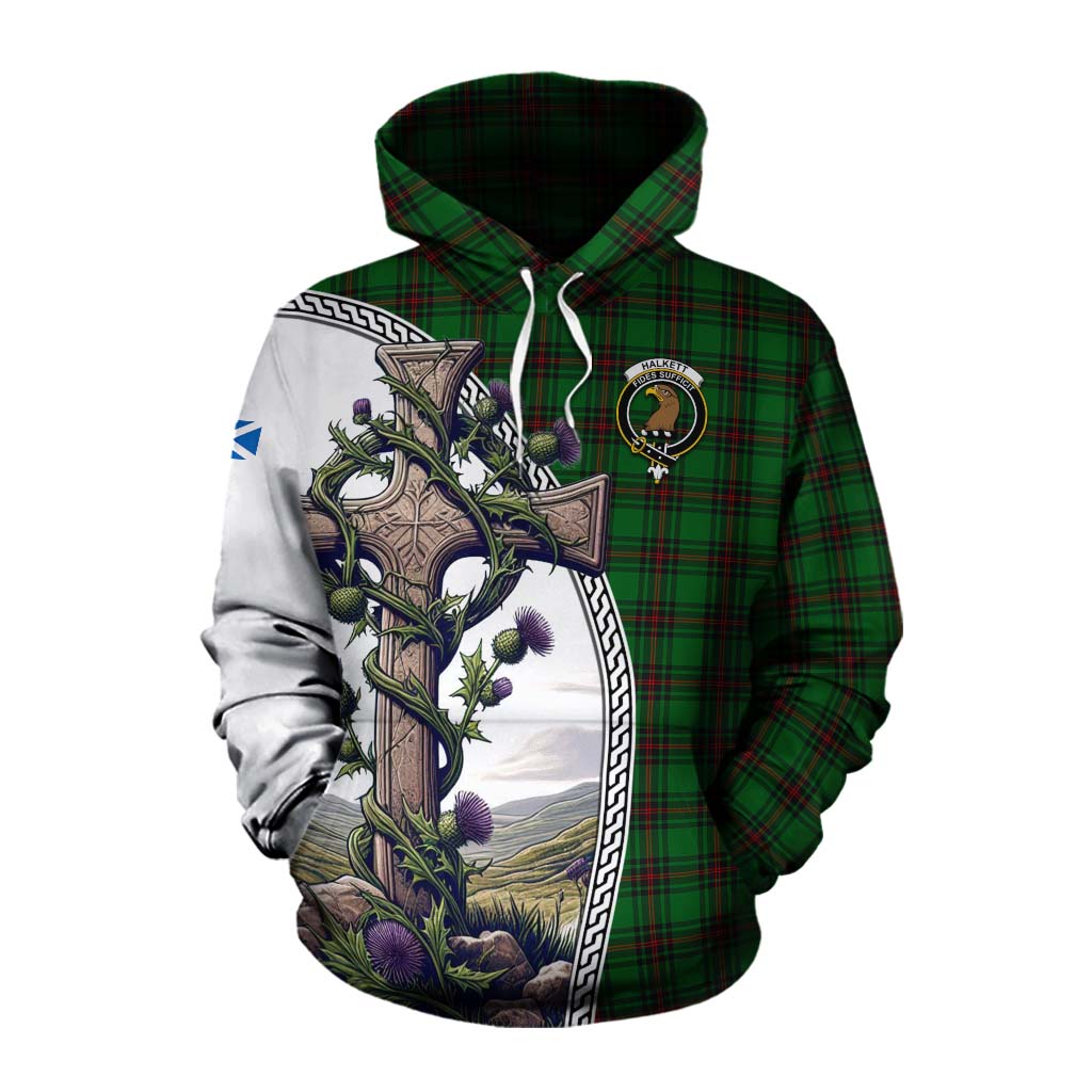 Tartan Vibes Clothing Halkett Tartan Cotton Hoodie with Family Crest and St. Andrew's Cross Accented by Thistle Vines