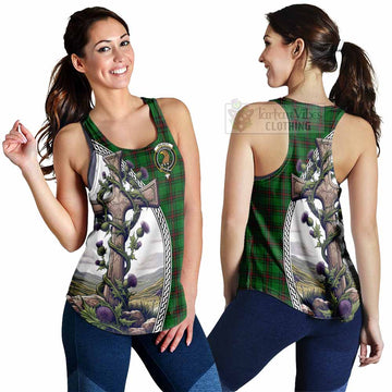 Tartan Vibes Clothing Halkett Tartan Women's Racerback Tanks with Family Crest and St. Andrew's Cross Accented by Thistle Vines