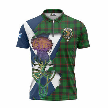 Halkett Tartan Family Crest Zipper Polo Shirt Scottish Thistle Celtic Inspired Unisex - Tartan Vibes Clothing