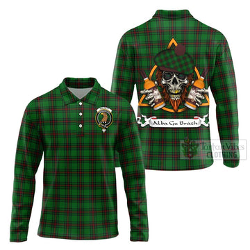 Halkett Tartan Long Sleeve Polo Shirt with Family Crest and Bearded Skull Holding Bottles of Whiskey Unisex - Tartan Vibes Clothing