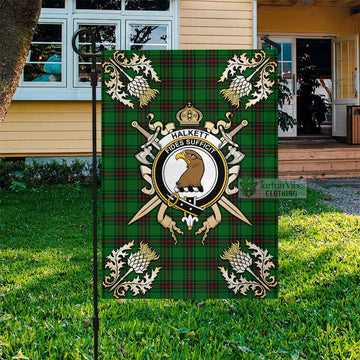 Halkett Tartan Garden Flag with Family Crest and Golden Thistle Crossed Sword Design