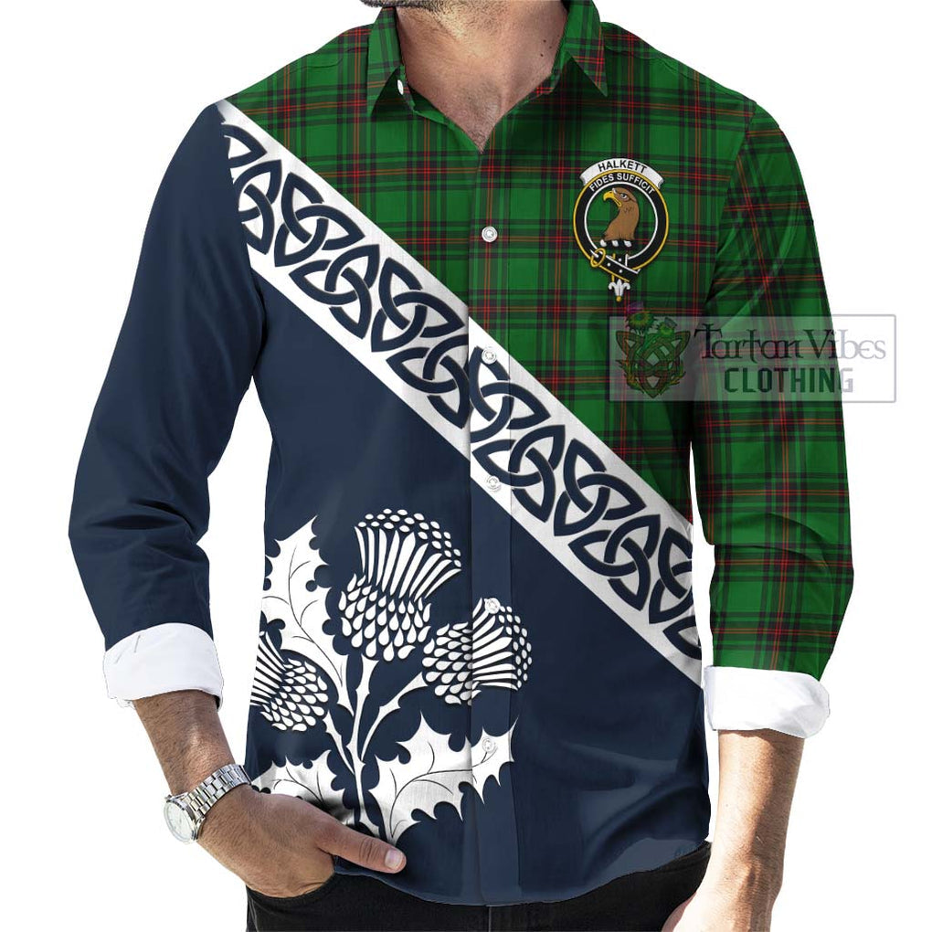 Halkett Tartan Long Sleeve Button Shirt Featuring Thistle and Scotland Map Men's Shirt - Tartan Vibes Clothing