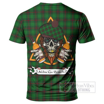 Halkett Tartan T-Shirt with Family Crest and Bearded Skull Holding Bottles of Whiskey - Tartan Vibes Clothing