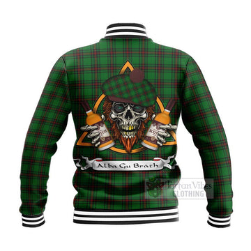 Halkett Tartan Baseball Jacket with Family Crest and Bearded Skull Holding Bottles of Whiskey - Tartan Vibes Clothing