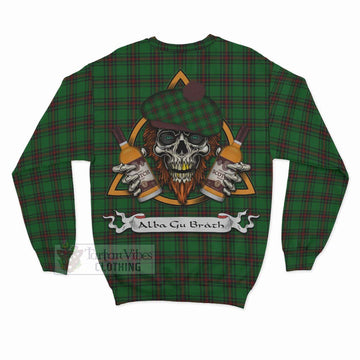 Halkett Tartan Sweatshirt with Family Crest and Bearded Skull Holding Bottles of Whiskey - Tartan Vibes Clothing